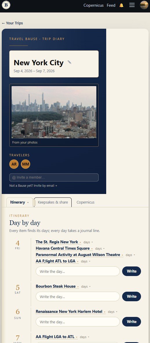 A trip diary in the app: New York City, travelers invited by name, an itinerary where every item finds its day