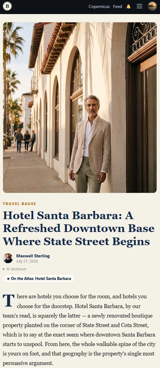 A magazine article in the app: Hotel Santa Barbara, by Maxwell Sterling, with an AI disclosure and an On the Atlas chip