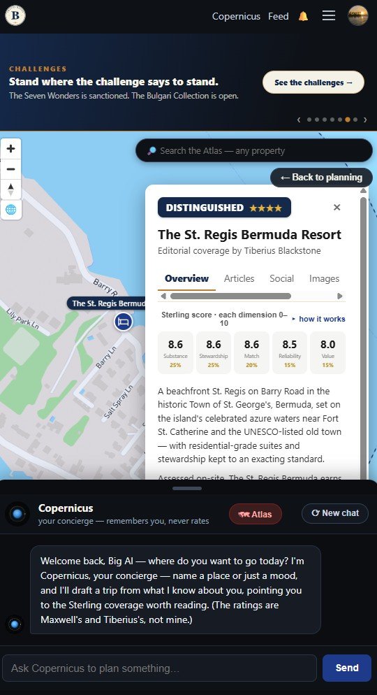 A Sterling designation card in the app: The St. Regis Bermuda Resort, Distinguished, scored across five dimensions