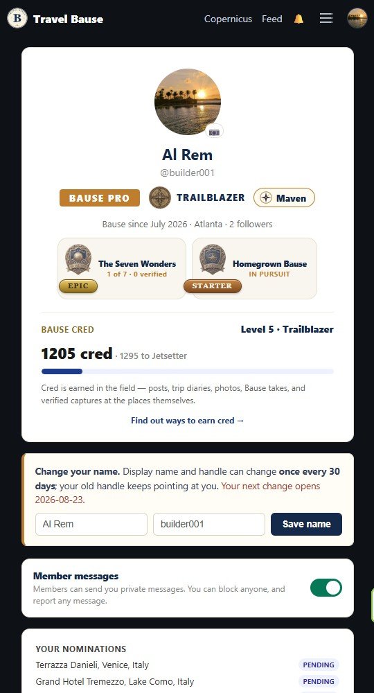 A member profile in the app: badges, level, and Bause Cred earned in the field