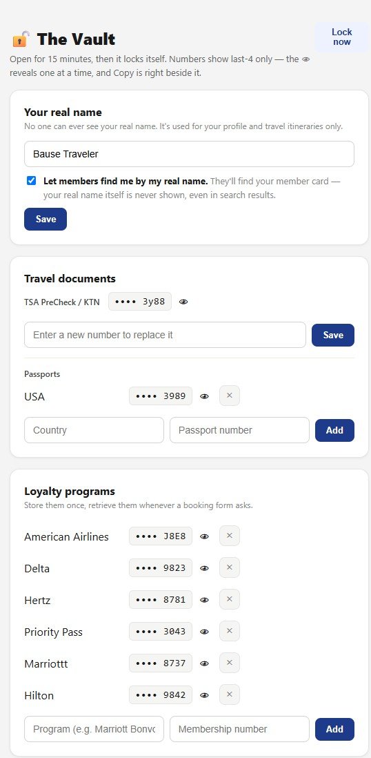 The Vault in the app: travel documents and loyalty programs, every number masked to its last four digits